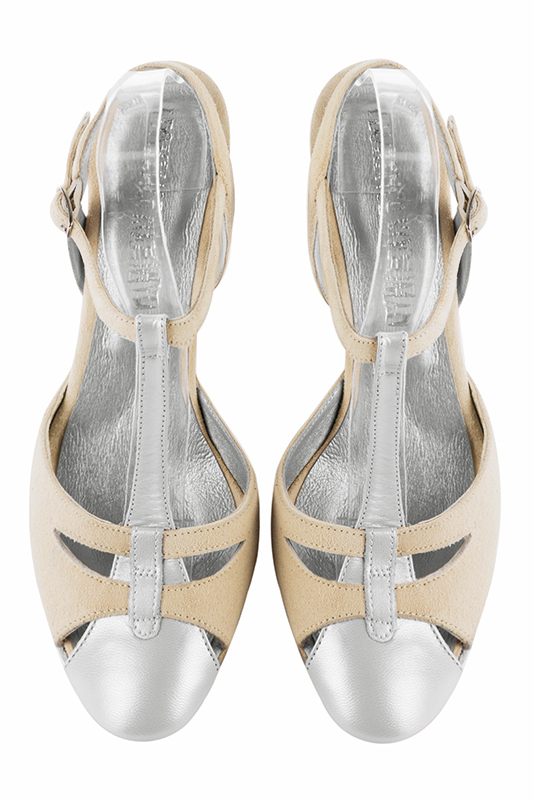 Light silver and champagne white women's open back T-strap shoes. Round toe. High kitten heels. Top view - Florence KOOIJMAN
